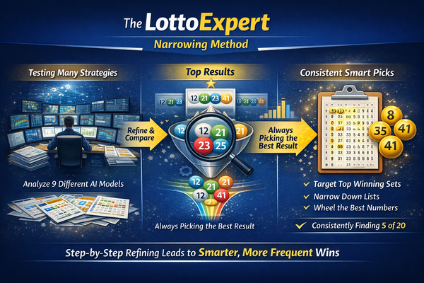 Illustration showing the LottoExpert narrowing method from broad analysis to more refined prediction paths